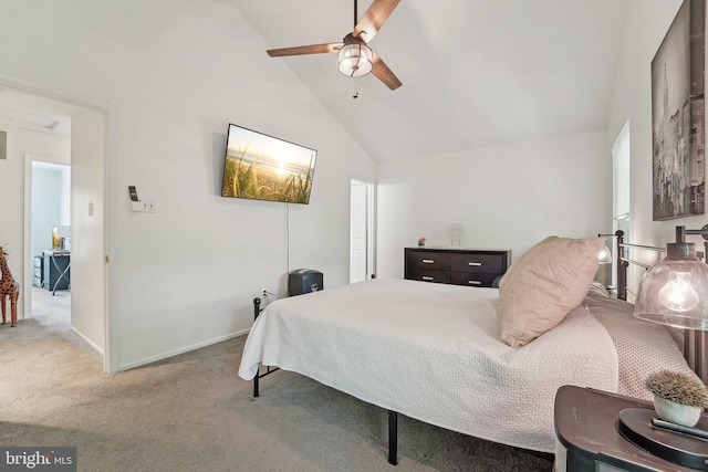 carpeted bedroom featuring high vaulted ceiling, a ceiling fan, and baseboards