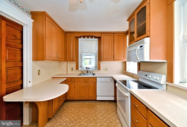 133 Main St, East Greenville, PA 18041 - kitchen featuring white appliances, a sink, a peninsula, glass insert cabinets, and light floors