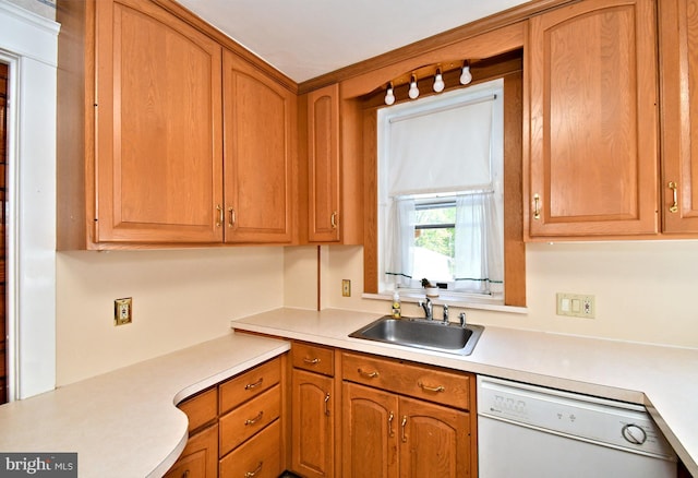 133 Main St, East Greenville, PA 18041 - kitchen with white dishwasher, a sink, light countertops, and brown cabinetry