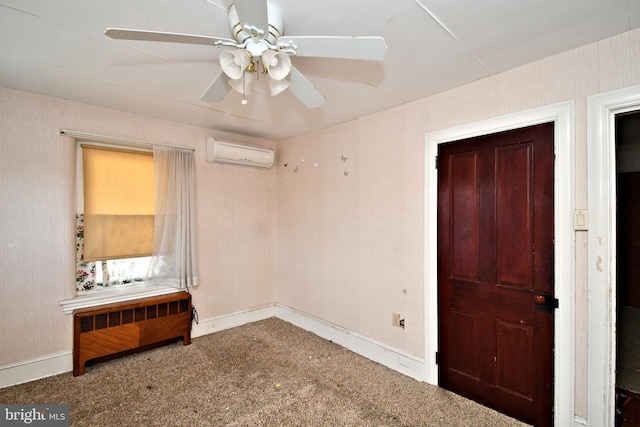 133 Main St, East Greenville, PA 18041 - unfurnished bedroom with an AC wall unit, baseboards, radiator, carpet floors, and a ceiling fan