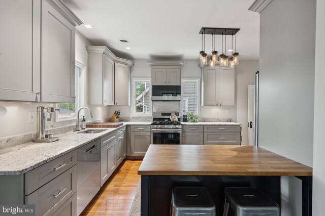 kitchen featuring stainless steel appliances, a sink, butcher block counters, and gray cabinetry