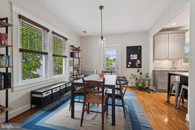 dining space with light wood-style floors, baseboards, and radiator heating unit