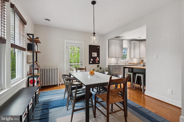 dining area featuring radiator, wood finished floors, and baseboards