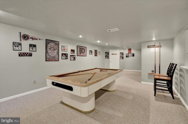 game room with baseboards, visible vents, carpet floors, and pool table