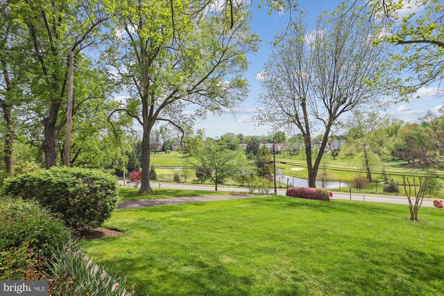 view of property's community featuring a lawn and a water view