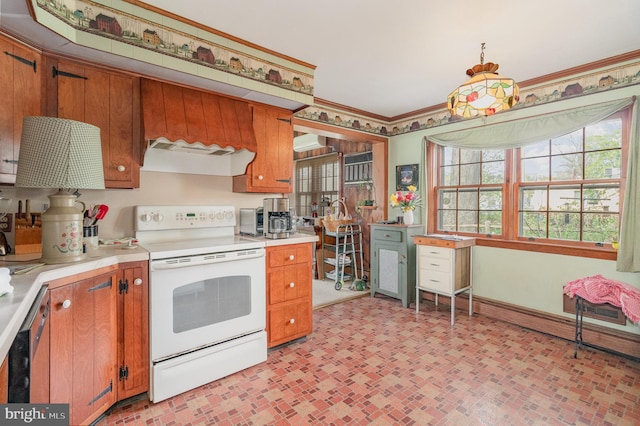 kitchen featuring crown molding, light countertops, baseboards, electric stove, and brown cabinetry