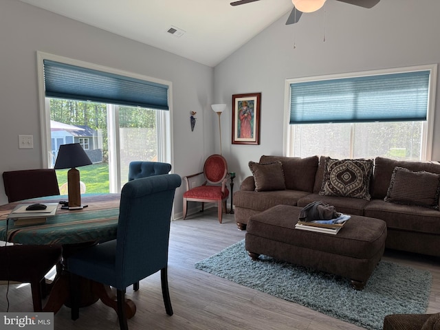 14273 Brandy Ln, Georgetown, DE 19947 - living area with wood finished floors, ceiling fan, baseboards, and high vaulted ceiling