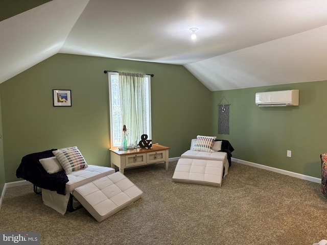 14273 Brandy Ln, Georgetown, DE 19947 - living area with a wall mounted air conditioner, lofted ceiling, carpet, and baseboards