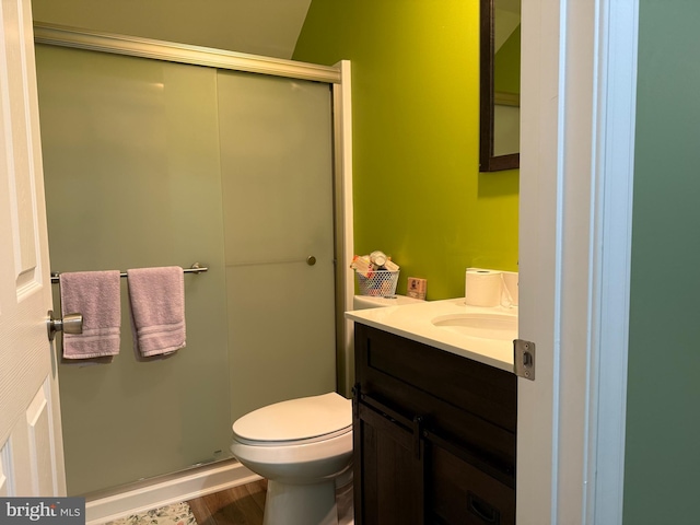 14273 Brandy Ln, Georgetown, DE 19947 - bathroom featuring a stall shower, vanity, wood finished floors, and toilet