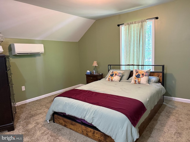 14273 Brandy Ln, Georgetown, DE 19947 - carpeted bedroom featuring a wall mounted air conditioner, baseboards, and lofted ceiling