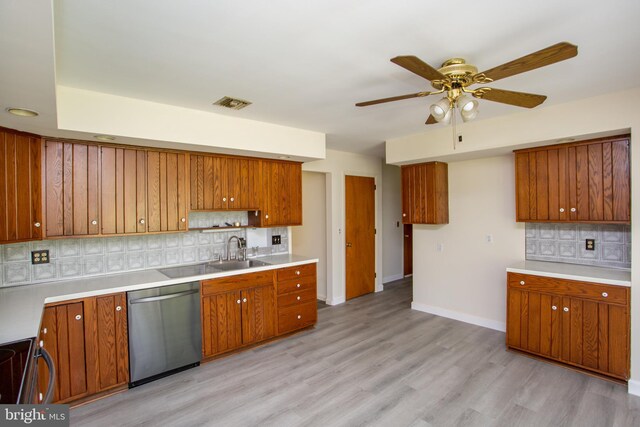 2500 Eberhart Rd, Quakertown, PA 18951 - kitchen featuring ceiling fan, stainless steel dishwasher, backsplash, and brown cabinetry