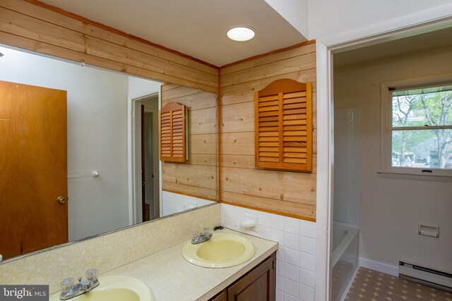 2500 Eberhart Rd, Quakertown, PA 18951 - bathroom with double vanity, wood walls, a sink, and a baseboard radiator
