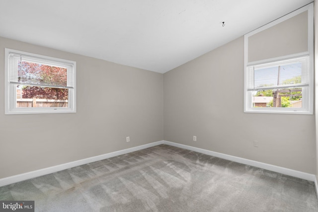 spare room with baseboards, carpet, and lofted ceiling