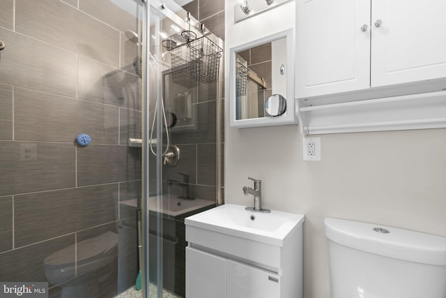 bathroom with vanity, a stall shower, and toilet