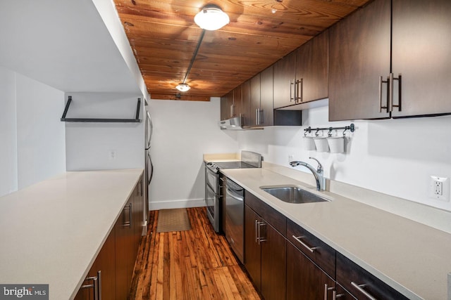 kitchen featuring wood ceiling, dishwasher, a sink, light countertops, and dark wood-type flooring