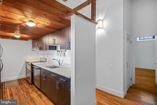 kitchen featuring a sink, light wood-style floors, dishwasher, range, and baseboards