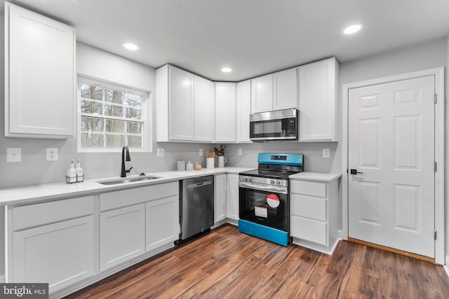 6955 Solomons Island Rd N, Sunderland, MD 20689 - kitchen with a sink, dark wood-style flooring, stainless steel appliances, white cabinetry, and light countertops