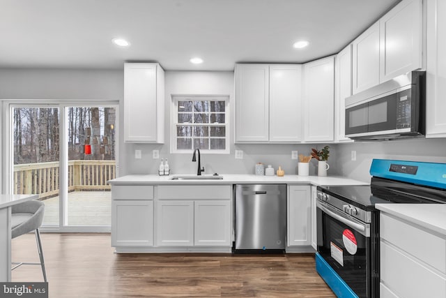 6955 Solomons Island Rd N, Sunderland, MD 20689 - kitchen with a sink, white cabinetry, light countertops, appliances with stainless steel finishes, and dark wood finished floors