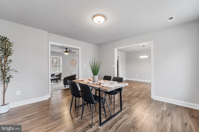 6955 Solomons Island Rd N, Sunderland, MD 20689 - dining room with visible vents, ceiling fan, wood finished floors, and baseboards
