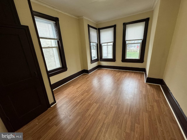 unfurnished room featuring baseboards, wood finished floors, and a healthy amount of sunlight