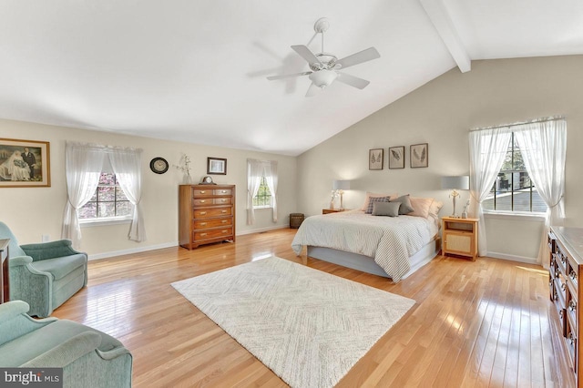 79 Wolfpack Rd, Hamilton, NJ 08619 - bedroom featuring vaulted ceiling with beams, a ceiling fan, light wood finished floors, and baseboards
