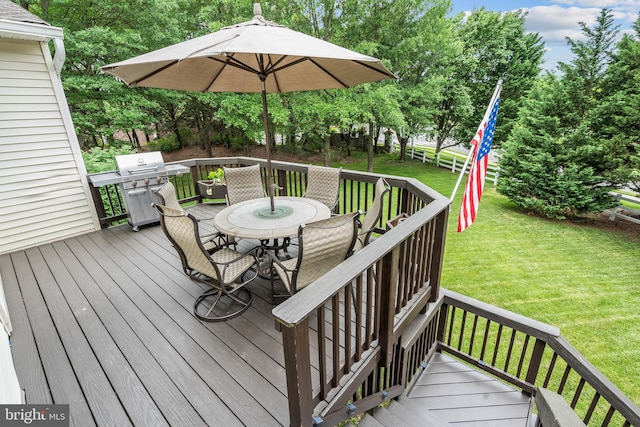 9804 Luck Penny Ct, Bristow, VA 20136 - wooden deck featuring a grill, outdoor dining space, and a yard