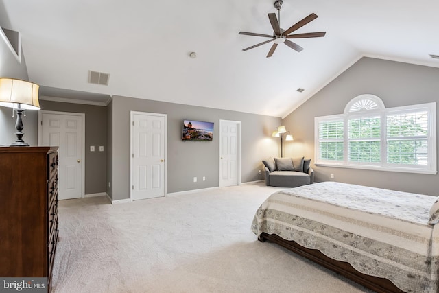 9804 Luck Penny Ct, Bristow, VA 20136 - bedroom with light carpet, lofted ceiling, baseboards, and a ceiling fan