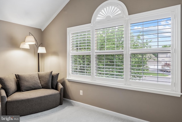 9804 Luck Penny Ct, Bristow, VA 20136 - sitting room with vaulted ceiling, carpet floors, baseboards, and crown molding