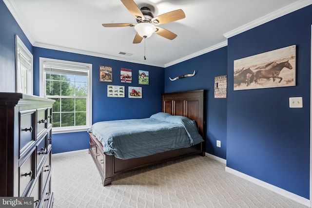 9804 Luck Penny Ct, Bristow, VA 20136 - bedroom with baseboards, ornamental molding, light colored carpet, and a ceiling fan