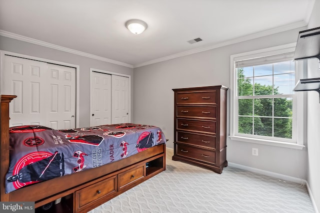 9804 Luck Penny Ct, Bristow, VA 20136 - bedroom featuring multiple closets, light colored carpet, crown molding, and baseboards
