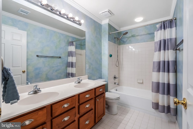 9804 Luck Penny Ct, Bristow, VA 20136 - full bathroom with tile patterned floors, ornamental molding, shower / bath combo with shower curtain, double vanity, and toilet