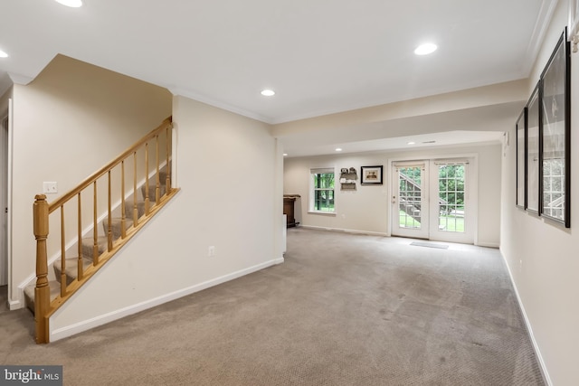 9804 Luck Penny Ct, Bristow, VA 20136 - unfurnished living room with recessed lighting, stairway, carpet floors, and baseboards