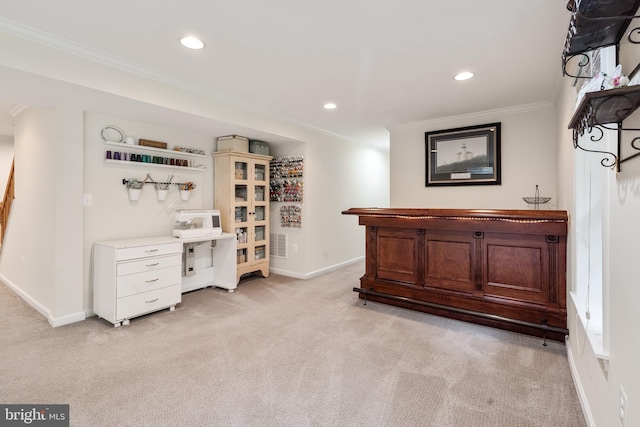 9804 Luck Penny Ct, Bristow, VA 20136 - indoor dry bar with crown molding, light carpet, baseboards, and recessed lighting