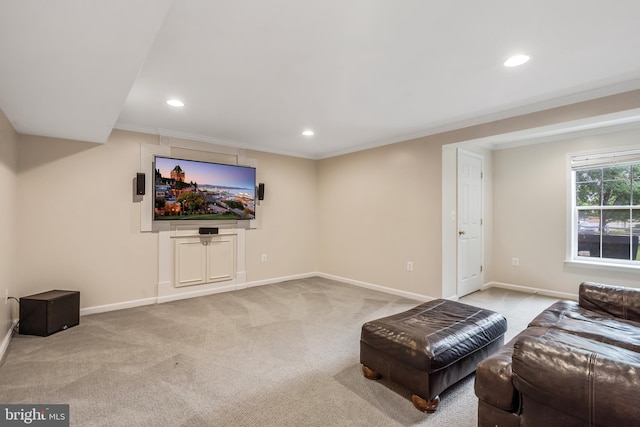 9804 Luck Penny Ct, Bristow, VA 20136 - carpeted living room featuring crown molding, baseboards, and recessed lighting