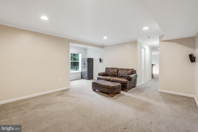 9804 Luck Penny Ct, Bristow, VA 20136 - living room with light carpet, baseboards, recessed lighting, and ornamental molding