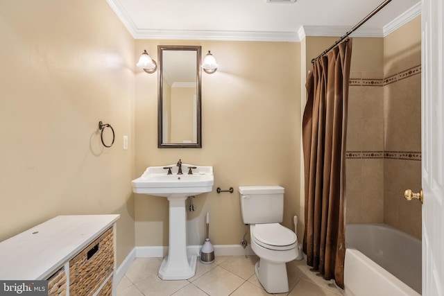 9804 Luck Penny Ct, Bristow, VA 20136 - full bath featuring crown molding, tile patterned floors, toilet, baseboards, and shower / bathtub combination with curtain