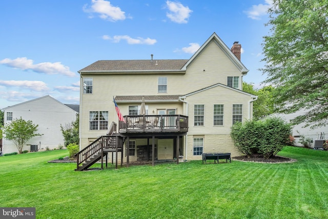 9804 Luck Penny Ct, Bristow, VA 20136 - back of house with stairs, a deck, a yard, a chimney, and cooling unit