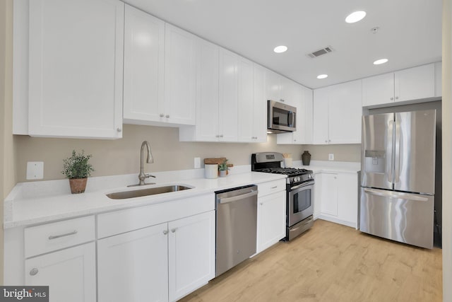 3600 S Glebe Rd Unit 321W, Arlington, VA 22202 - kitchen featuring stainless steel appliances, a sink, white cabinetry, recessed lighting, and light wood-type flooring
