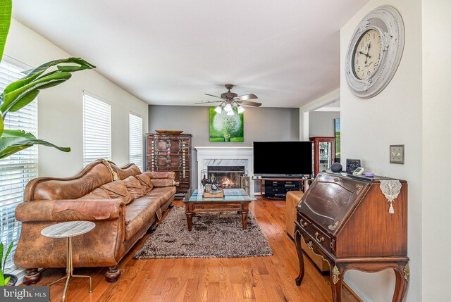 living area with a ceiling fan, wood finished floors, and a fireplace