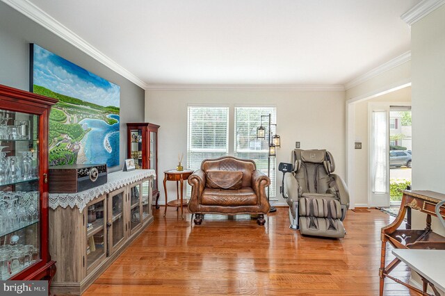 sitting room featuring baseboards, light wood-type flooring, and crown molding