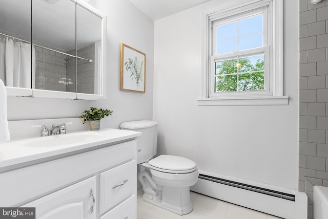 1822 Clearwood Rd, Baltimore, MD 21234 - full bathroom featuring a baseboard radiator, vanity, toilet, a shower with curtain, and tile patterned flooring