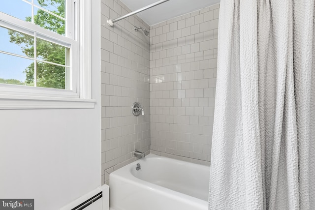 1822 Clearwood Rd, Baltimore, MD 21234 - bathroom featuring shower / bathtub combination with curtain, plenty of natural light, and a baseboard radiator