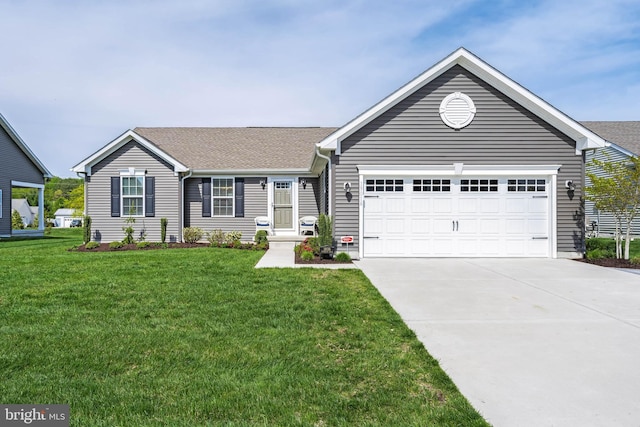 ranch-style house featuring concrete driveway, an attached garage, roof with shingles, and a front lawn