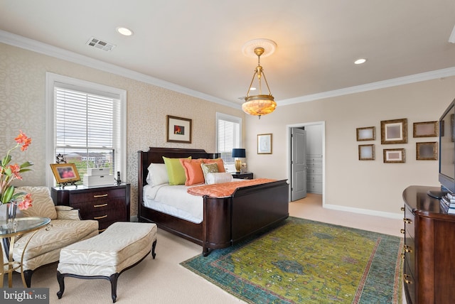 525 Belmont Bay Dr Unit 405, Woodbridge, VA 22191 - carpeted bedroom with ornamental molding, visible vents, and wallpapered walls
