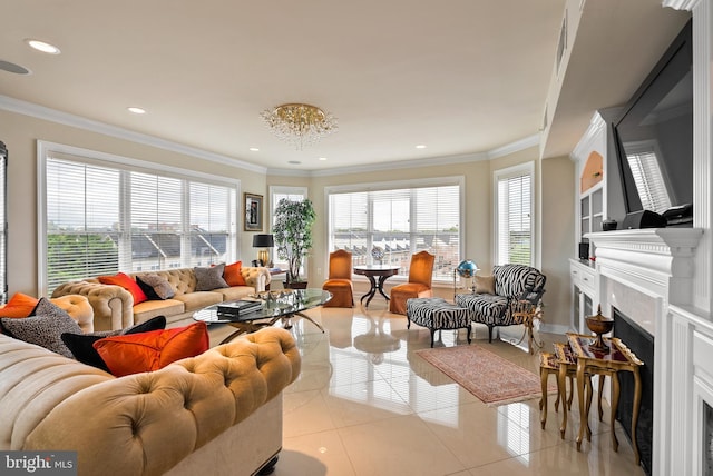 525 Belmont Bay Dr Unit 405, Woodbridge, VA 22191 - living area featuring ornamental molding, a high end fireplace, light tile patterned floors, and recessed lighting