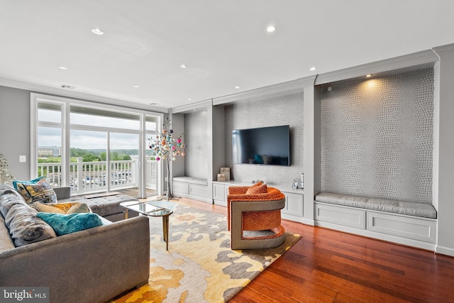 525 Belmont Bay Dr Unit 405, Woodbridge, VA 22191 - living room with crown molding, visible vents, wood finished floors, and recessed lighting