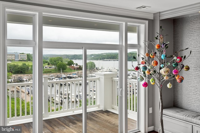 525 Belmont Bay Dr Unit 405, Woodbridge, VA 22191 - doorway featuring a water view, visible vents, and wood finished floors