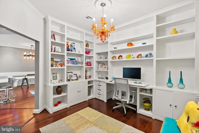 525 Belmont Bay Dr Unit 405, Woodbridge, VA 22191 - home office featuring dark wood finished floors, built in study area, a chandelier, and visible vents