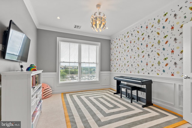 525 Belmont Bay Dr Unit 405, Woodbridge, VA 22191 - bedroom with an inviting chandelier, crown molding, a wainscoted wall, and visible vents