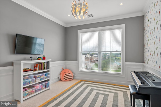 525 Belmont Bay Dr Unit 405, Woodbridge, VA 22191 - recreation room featuring carpet flooring, a wainscoted wall, visible vents, and crown molding